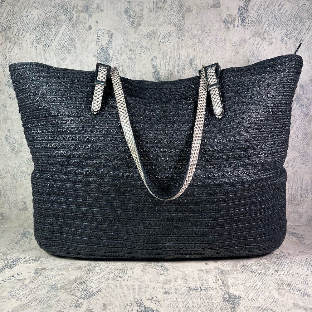 Eric Javits Jav III Squishee Tote Black Bone Woven Resort Travel Shoulder Bag
